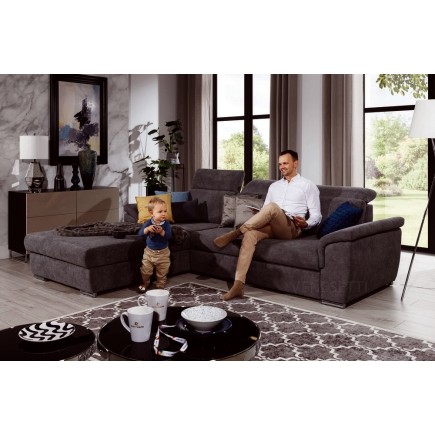 Canapé d'angle convertible en tissu Luxe, marron, 5 places, angle gauche (vu de face) , TRESOR