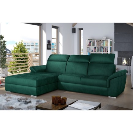 Canapé d'angle convertible en tissu velours Prestige, vert, 5 places, angle gauche (vu de face) - TRESOR