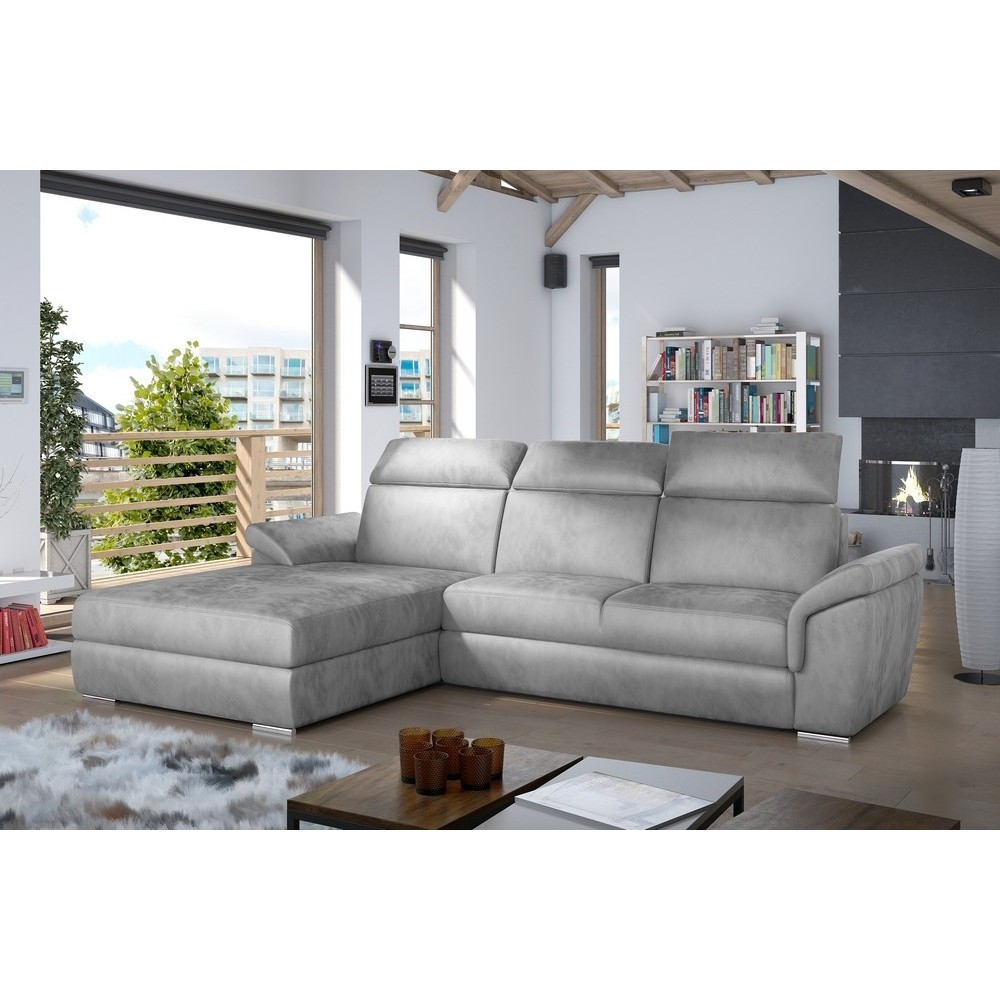 - Canapé d'angle convertible en tissu velours Prestige, gris, 5 places, angle gauche (vu de face) - TRESOR