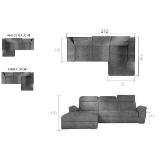Canapé d'angle convertible en tissu velours Prestige, gris, 5 places, angle droit (vu de face) , TRESOR
