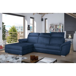 Canapé d'angle convertible en tissu velours Prestige, bleu, 5 places, angle gauche (vu de face) - TRESOR
