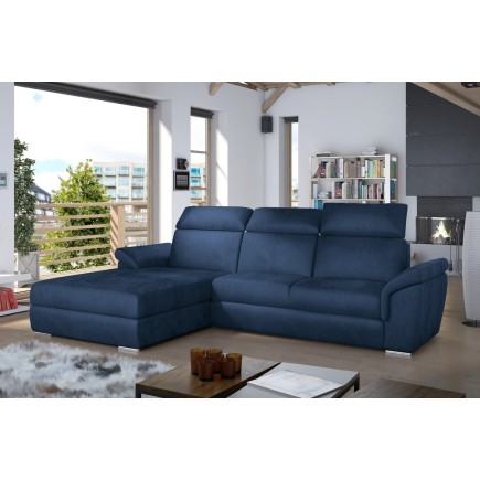 Canapé d'angle convertible en tissu velours Prestige, bleu, 5 places, angle gauche (vu de face) - TRESOR