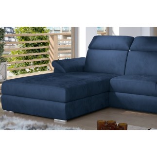 Canapé d'angle convertible en tissu velours Prestige, bleu, 5 places, angle gauche (vu de face) - TRESOR