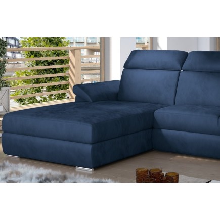 Canapé d'angle convertible en tissu velours Prestige, bleu, 5 places, angle gauche (vu de face) - TRESOR
