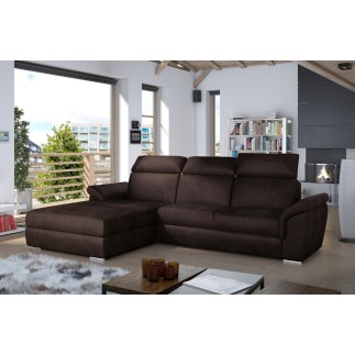 Canapé d'angle convertible en tissu velours Prestige, marron, 5 places, angle gauche (vu de face) - TRESOR