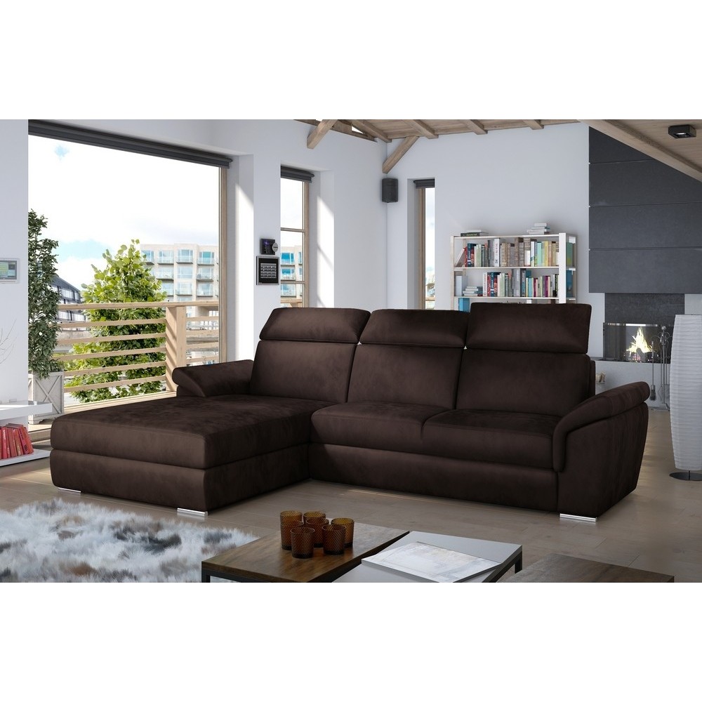 Canapé d'angle convertible en tissu velours Prestige, marron, 5 places, angle gauche (vu de face) - TRESOR