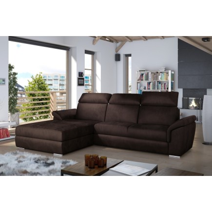 Canapé d'angle convertible en tissu velours Prestige, marron, 5 places, angle gauche (vu de face) - TRESOR