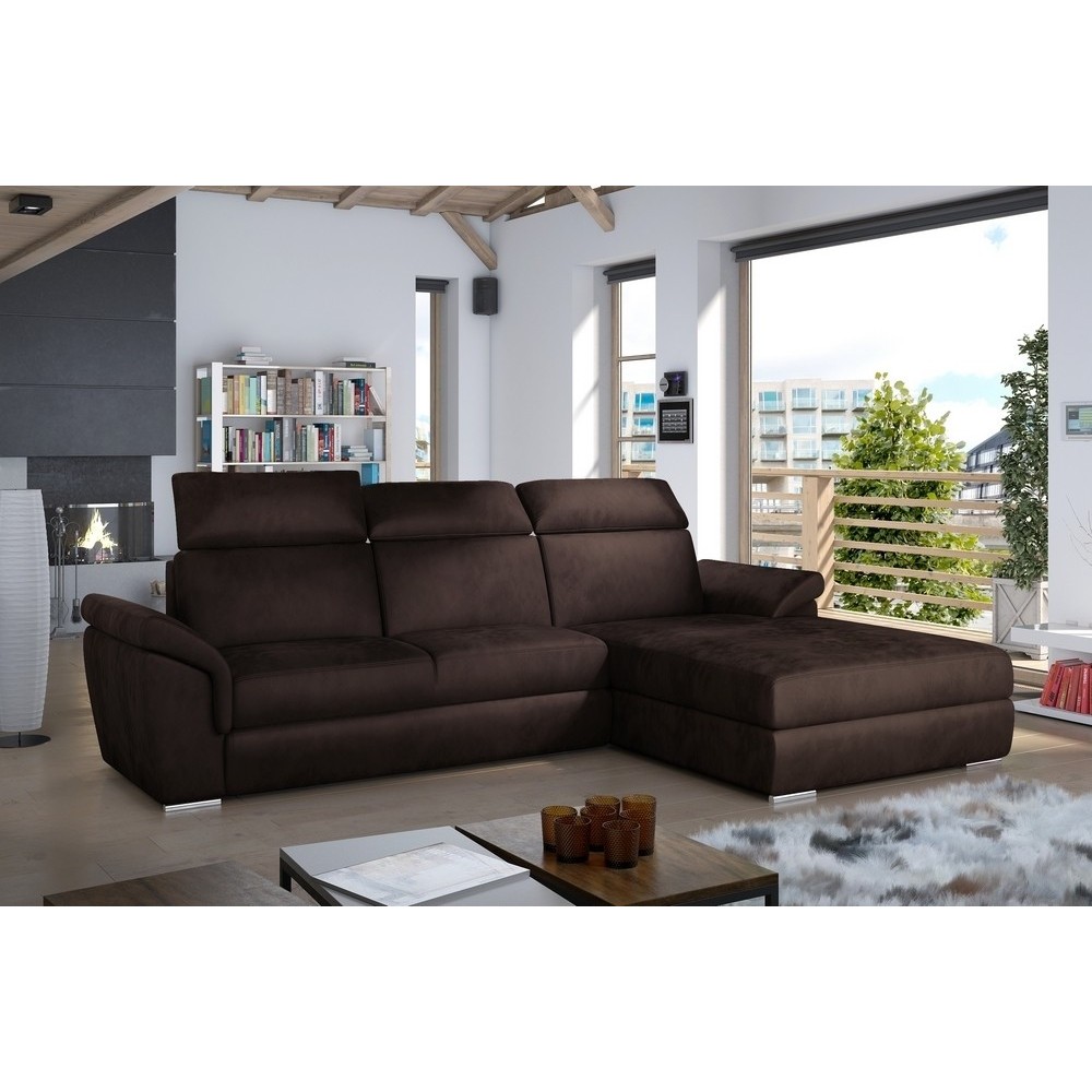 Canapé d'angle convertible en tissu velours Prestige, marron, 5 places, angle droit (vu de face) - TRESOR
