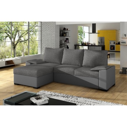 Canapé d'angle convertible - en tissu gris et simili gris, angle gauche (vu de face) - LUCAS