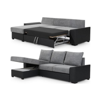 Canapé d'angle convertible - en tissu gris et simili gris, angle gauche (vu de face) - LUCAS