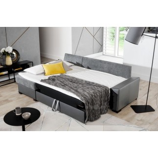 Canapé d'angle convertible - en tissu gris et simili gris, angle gauche (vu de face) - LUCAS