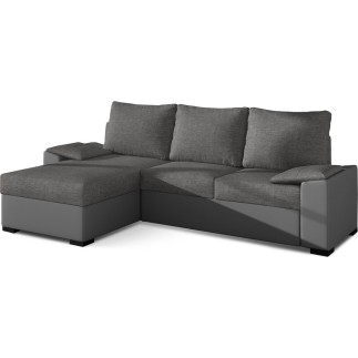 Canapé d'angle convertible - en tissu gris et simili gris, angle gauche (vu de face) - LUCAS