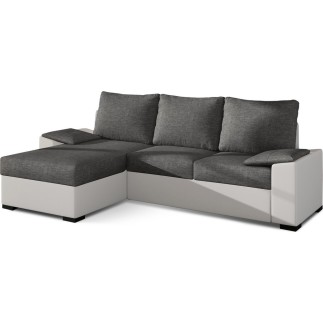 Canapé d'angle convertible - en tissu gris et simili blanc, angle gauche (vu de face) - LUCAS