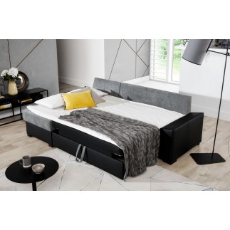 Canapé d'angle convertible - en tissu gris et simili blanc, angle gauche (vu de face) - LUCAS