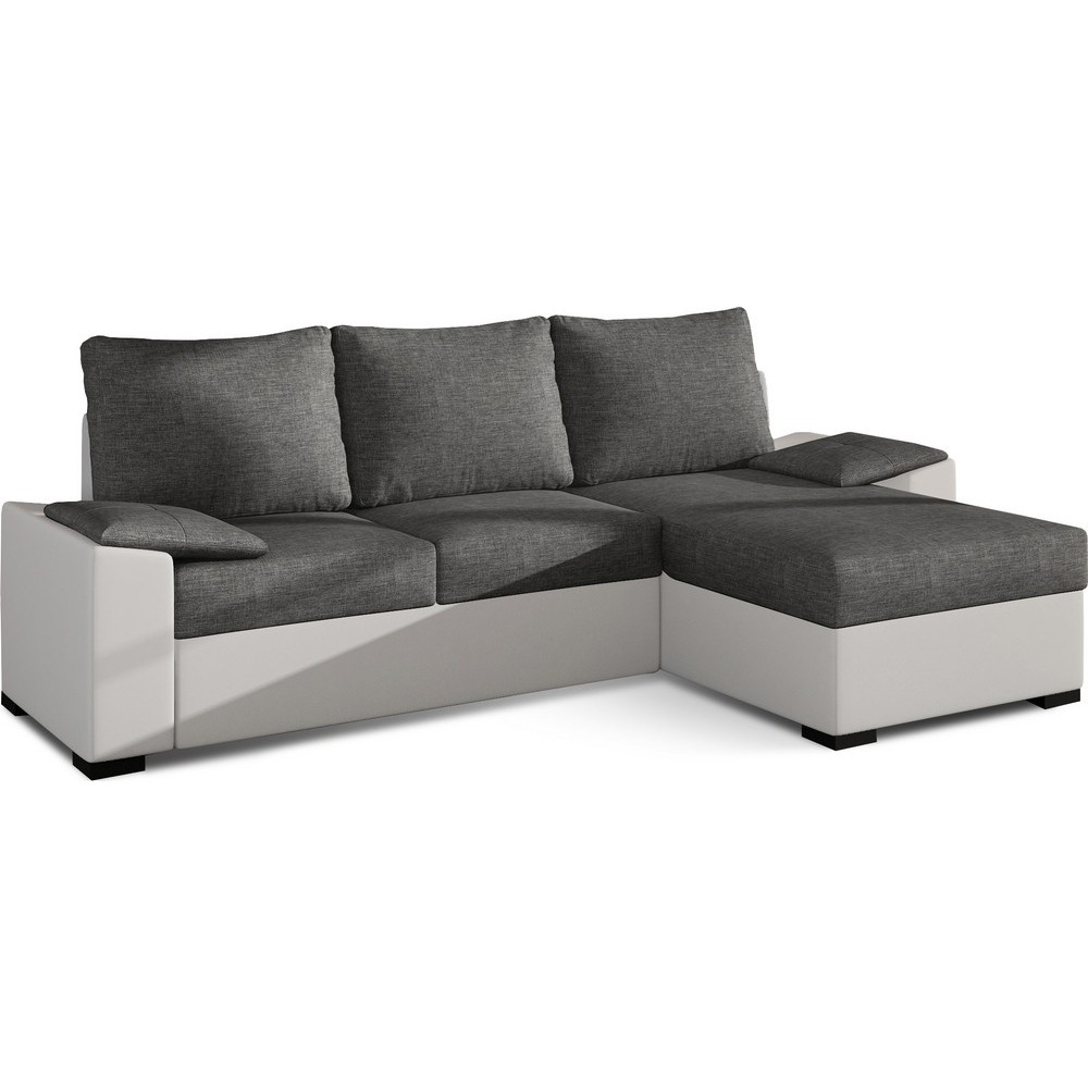 Canapé d'angle convertible en tissu gris et simili blanc, angle droit (vu de face), LUCAS, 4 places