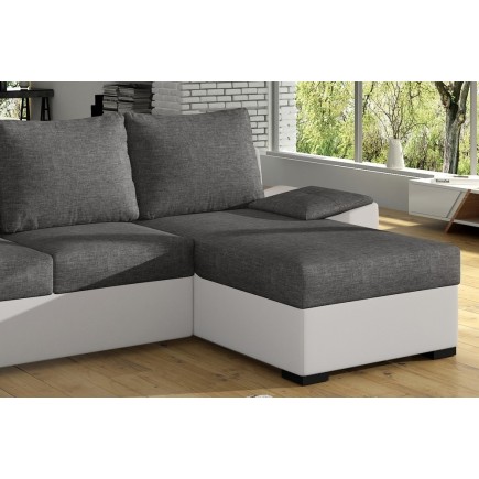 Canapé d'angle convertible en tissu gris et simili blanc, angle droit (vu de face), LUCAS, 4 places