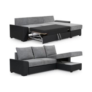 Canapé d'angle convertible en tissu gris et simili blanc, angle droit (vu de face), LUCAS