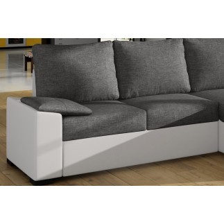 Canapé d'angle convertible en tissu gris et simili blanc, angle droit (vu de face), LUCAS