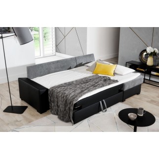 Canapé d'angle convertible en tissu gris et simili blanc, angle droit (vu de face), LUCAS
