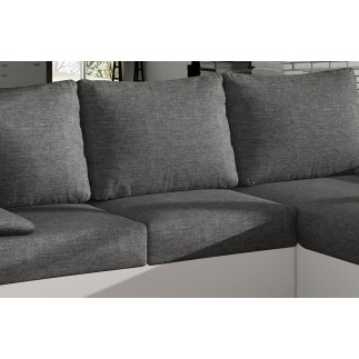 Canapé d'angle convertible en tissu gris et simili blanc, angle droit (vu de face), LUCAS