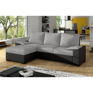 Canapé d'angle convertible - en tissu gris et simili noir, angle gauche (vu de face) - LUCAS