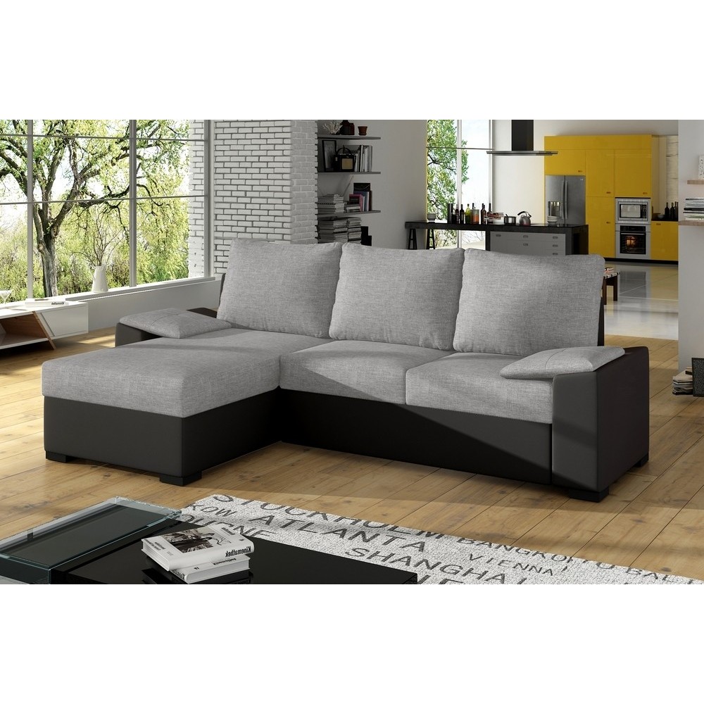 Canapé d'angle convertible - en tissu gris et simili noir, angle gauche (vu de face) - LUCAS, 4 places