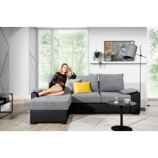 Canapé d'angle convertible - en tissu gris et simili noir, angle gauche (vu de face) - LUCAS, 4 places