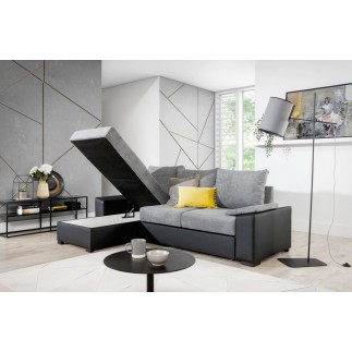 Canapé d'angle convertible - en tissu gris et simili noir, angle gauche (vu de face) - LUCAS