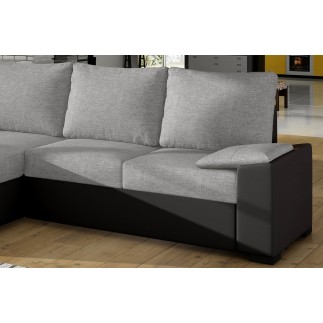 Canapé d'angle convertible - en tissu gris et simili noir, angle gauche (vu de face) - LUCAS
