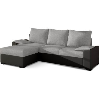 Canapé d'angle convertible - en tissu gris et simili noir, angle gauche (vu de face) - LUCAS