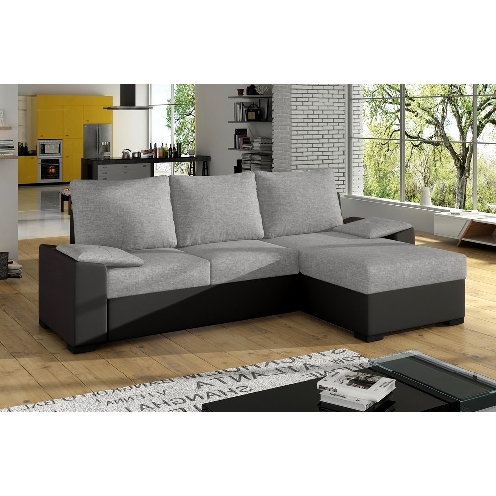 Canapé d'angle convertible - en tissu gris et simili noir, angle droit (vu de face) - LUCAS, 4 places