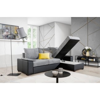 Canapé d'angle convertible - en tissu gris et simili noir, angle droit (vu de face) - LUCAS
