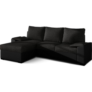 Canapé d'angle convertible - en tissu noir et simili noir, angle gauche (vu de face) - LUCAS