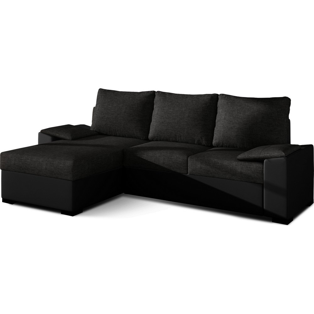 Canapé d'angle convertible - en tissu noir et simili noir, angle gauche (vu de face) - LUCAS, 4 places