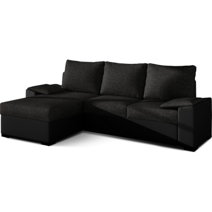 Canapé d'angle convertible - en tissu noir et simili noir, angle gauche (vu de face) - LUCAS