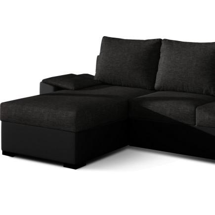 Canapé d'angle convertible - en tissu noir et simili noir, angle gauche (vu de face) - LUCAS, 4 places