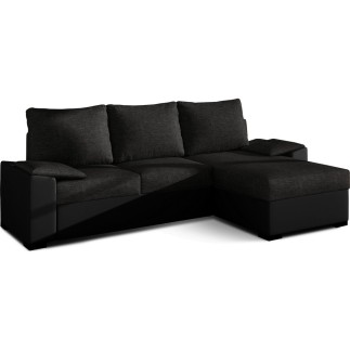Canapé d'angle convertible - en tissu noir et simili noir, angle droit (vu de face) - LUCAS