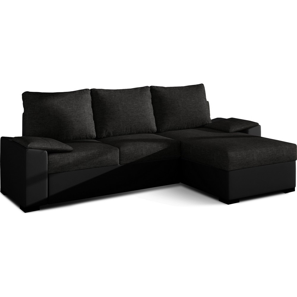 Canapé d'angle convertible - en tissu noir et simili noir, angle droit (vu de face) - LUCAS, 4 places