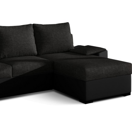 Canapé d'angle convertible - en tissu noir et simili noir, angle droit (vu de face) - LUCAS, 4 places