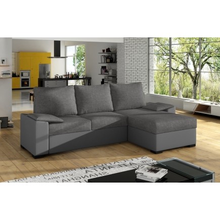 Canapé d'angle convertible - en tissu gris et simili gris, angle droit (vu de face) - LUCAS