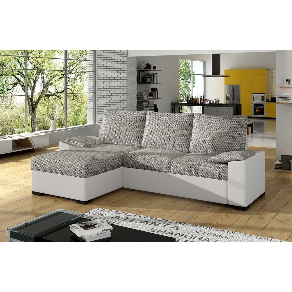 - Canapé d'angle convertible, en tissu gris et simili blanc, angle gauche (vu de face) - LUCAS, 4 places
