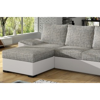 - Canapé d'angle convertible, en tissu gris et simili blanc, angle gauche (vu de face) - LUCAS, 4 places