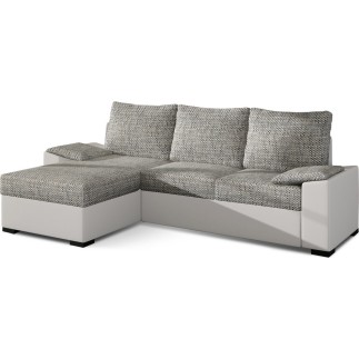- Canapé d'angle convertible, en tissu gris et simili blanc, angle gauche (vu de face) - LUCAS