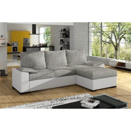 Canapé d'angle convertible - en tissu gris et simili blanc, angle droit (vu de face) - LUCAS