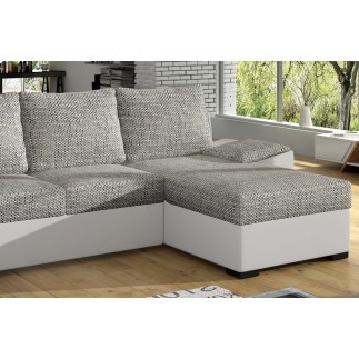 Canapé d'angle convertible - en tissu gris et simili blanc, angle droit (vu de face) - LUCAS, 4 places
