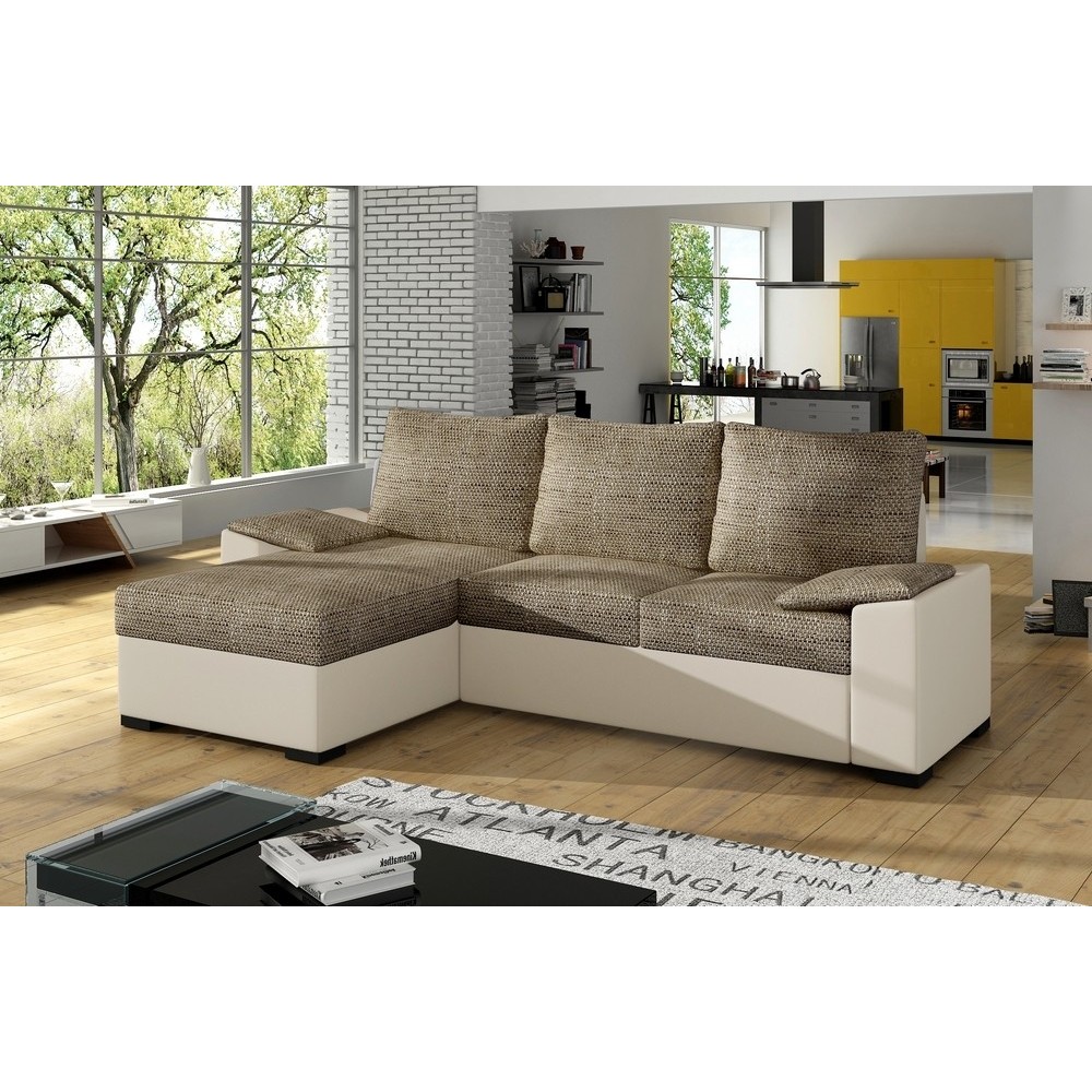 Canapé d'angle convertible - en tissu marron et simili beige, angle gauche (vu de face) - LUCAS, 4 places