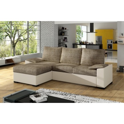 Canapé d'angle convertible - en tissu marron et simili beige, angle gauche (vu de face) - LUCAS