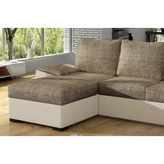 Canapé d'angle convertible - en tissu marron et simili beige, angle gauche (vu de face) - LUCAS, 4 places