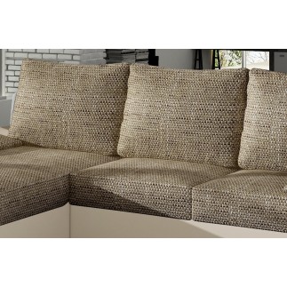 Canapé d'angle convertible - en tissu marron et simili beige, angle gauche (vu de face) - LUCAS