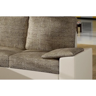 Canapé d'angle convertible - en tissu marron et simili beige, angle gauche (vu de face) - LUCAS